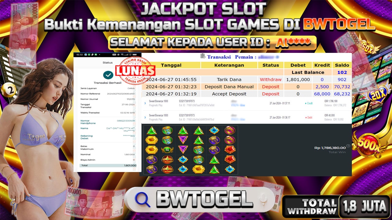 BUKTI JACKPOT SLOT SWEET BONANZA 1000 TERPERCAYA DI INDONESIA TGL 27-06-2024