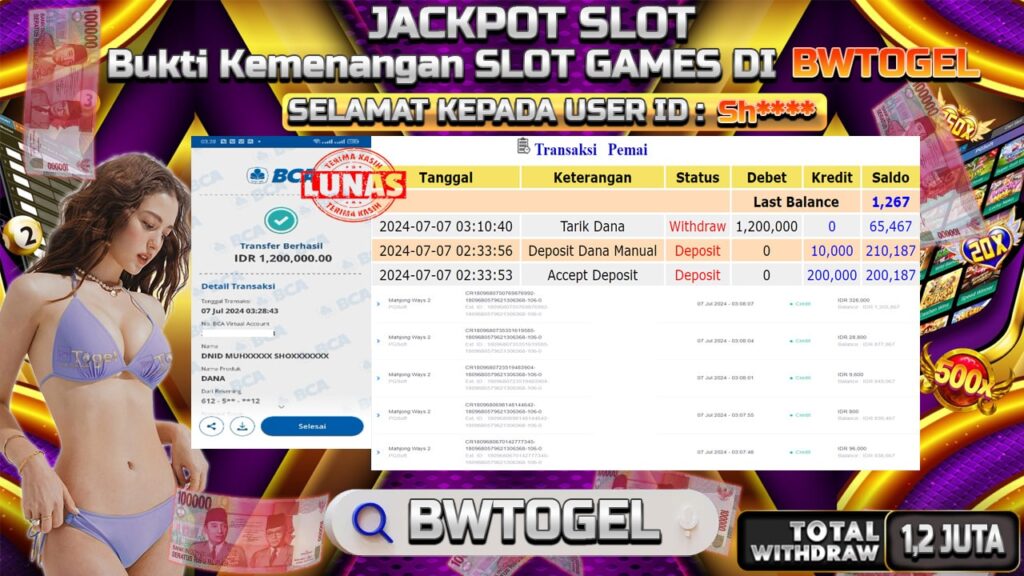 BUKTI JACKPOT SLOT MAHJONG WAYS 2 TERPERCAYA DI INDONESIA TGL 07-07-2024