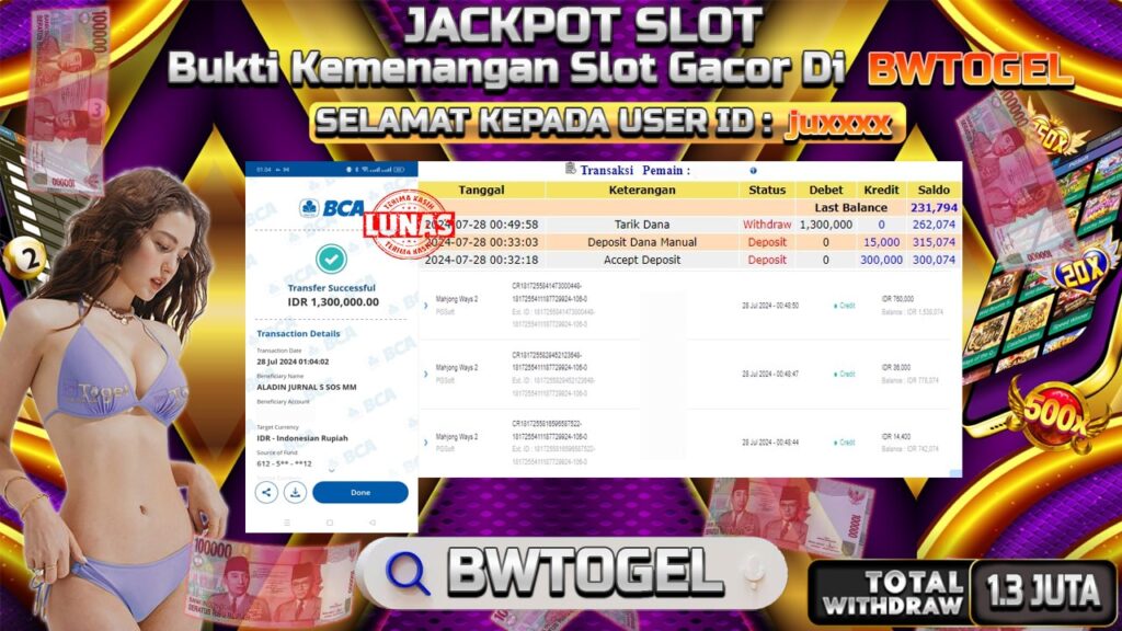 BUKTI JACKPOT SLOT MAHJONG WAYS 2 TERPERCAYA DI INDONESIA TGL 28-07-2024