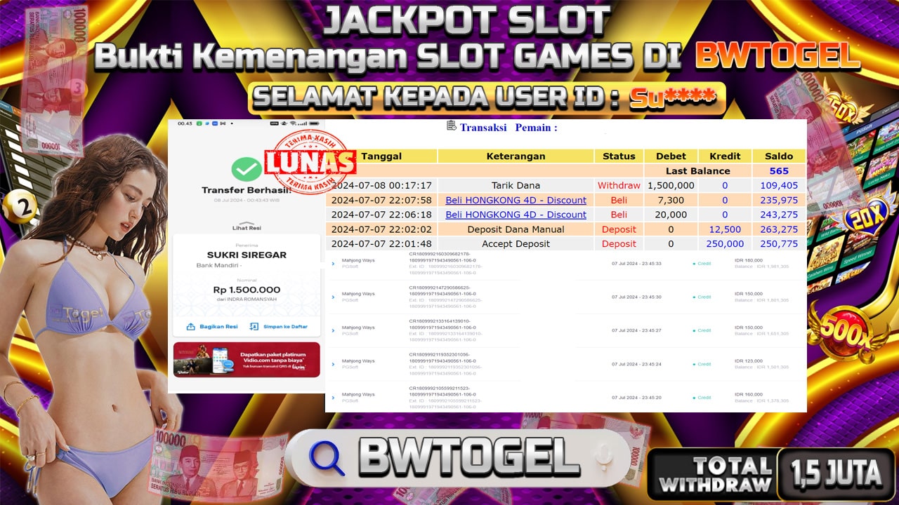 BUKTI JACKPOT SLOT MAHJONG WAYS TERPERCAYA DI INDONESIA TGL 08-07-2024