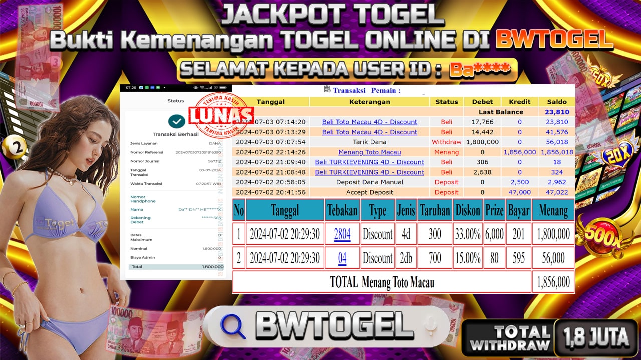 BUKTI JACKPOT TOGEL TOTO MACAU TERPERCAYA DI INDONESIA TGL 03-07-2024