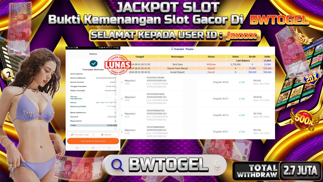 BUKTI JACKPOT SLOT MAHJONG WAYS 2 TERPERCAYA DI INDONESIA TGL 01-08-2024