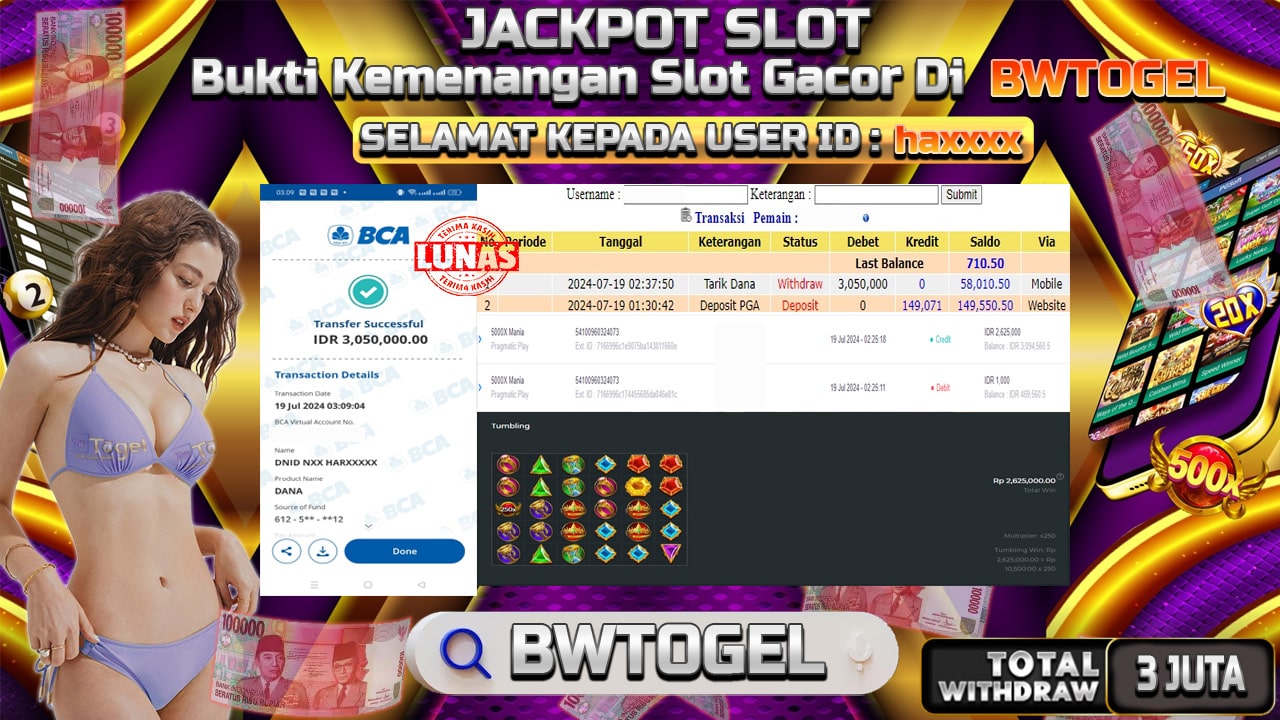 BUKTI JACKPOT SLOT 5000X MANIA TERPERCAYA DI INDONESIA TGL 19-07-2024