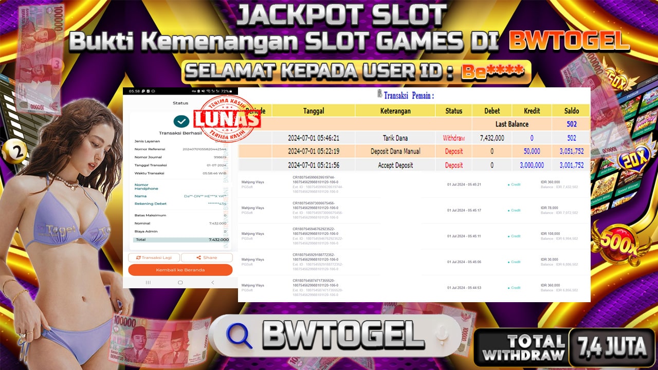 BUKTI JACKPOT SLOT MAHJONG WAYS TERPERCAYA DI INDONESIA TGL 01-07-2024