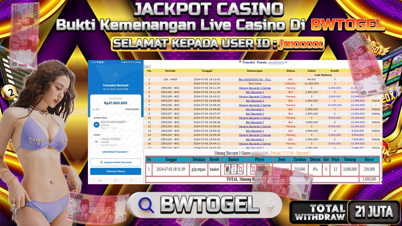 BUKTI JACKPOT LIVE CASINO BACCARAT TERPERCAYA DI INDONESIA TGL 03-07-2024