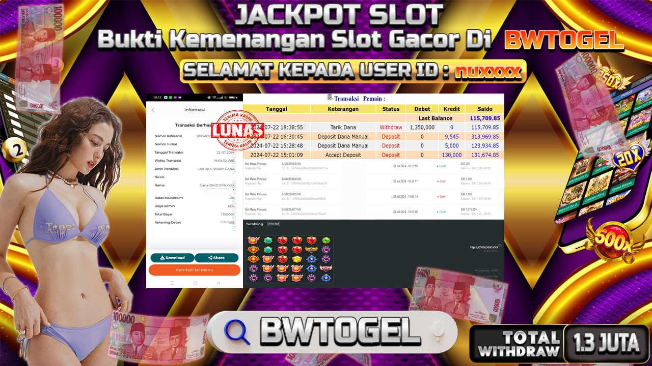 BUKTI JACKPOT SLOT MANIA PRINCESS TERPERCAYA DI INDONESIA TGL 22-07-2024