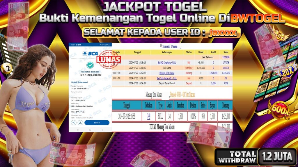 BUKTI JACKPOT TOGEL ONLINE TOTO MACAU 4D TERPERCAYA DI INDONESIA TGL 23-07-2024