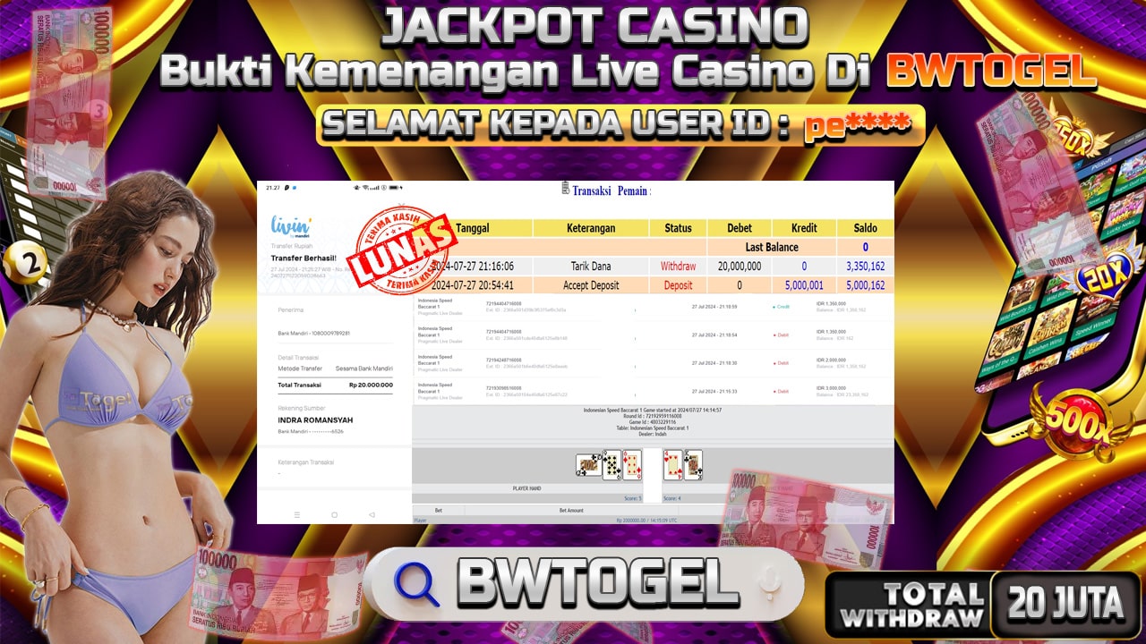 BUKTI JACKPOT LIVE CASINO BACCARAT TERPERCAYA DI INDONESIA TGL 27-07-2024