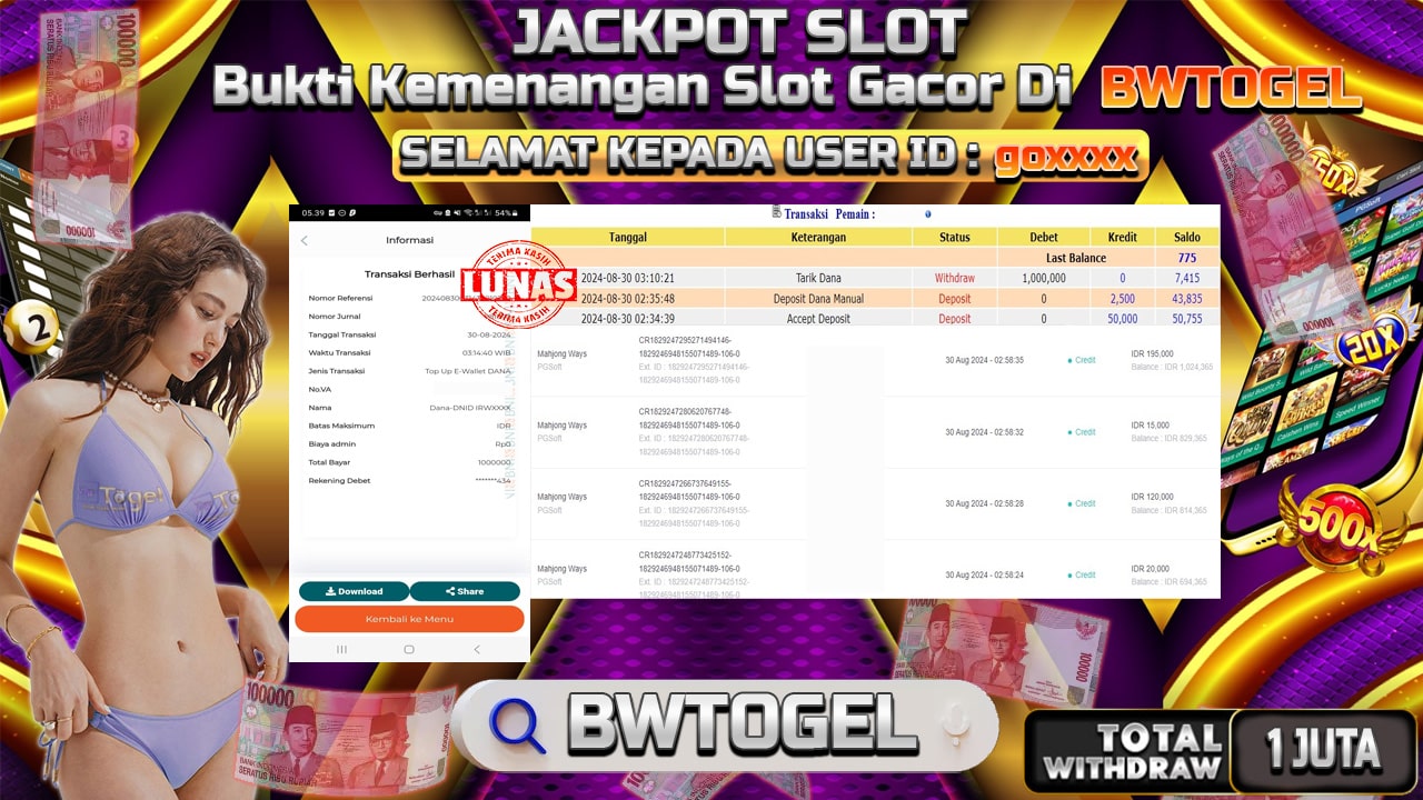 BUKTI JACKPOT SLOT MAHJONG WAYS TERPERCAYA DI INDONESIA TGL 30-08-2024