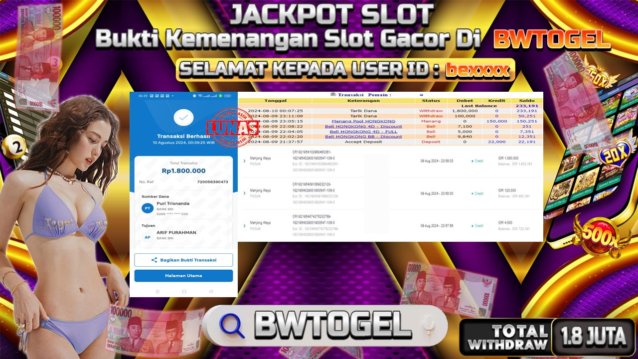 BUKTI JACKPOT SLOT MAHJONG WAYS TERPERCAYA DI INDONESIA TGL 10-08-2024