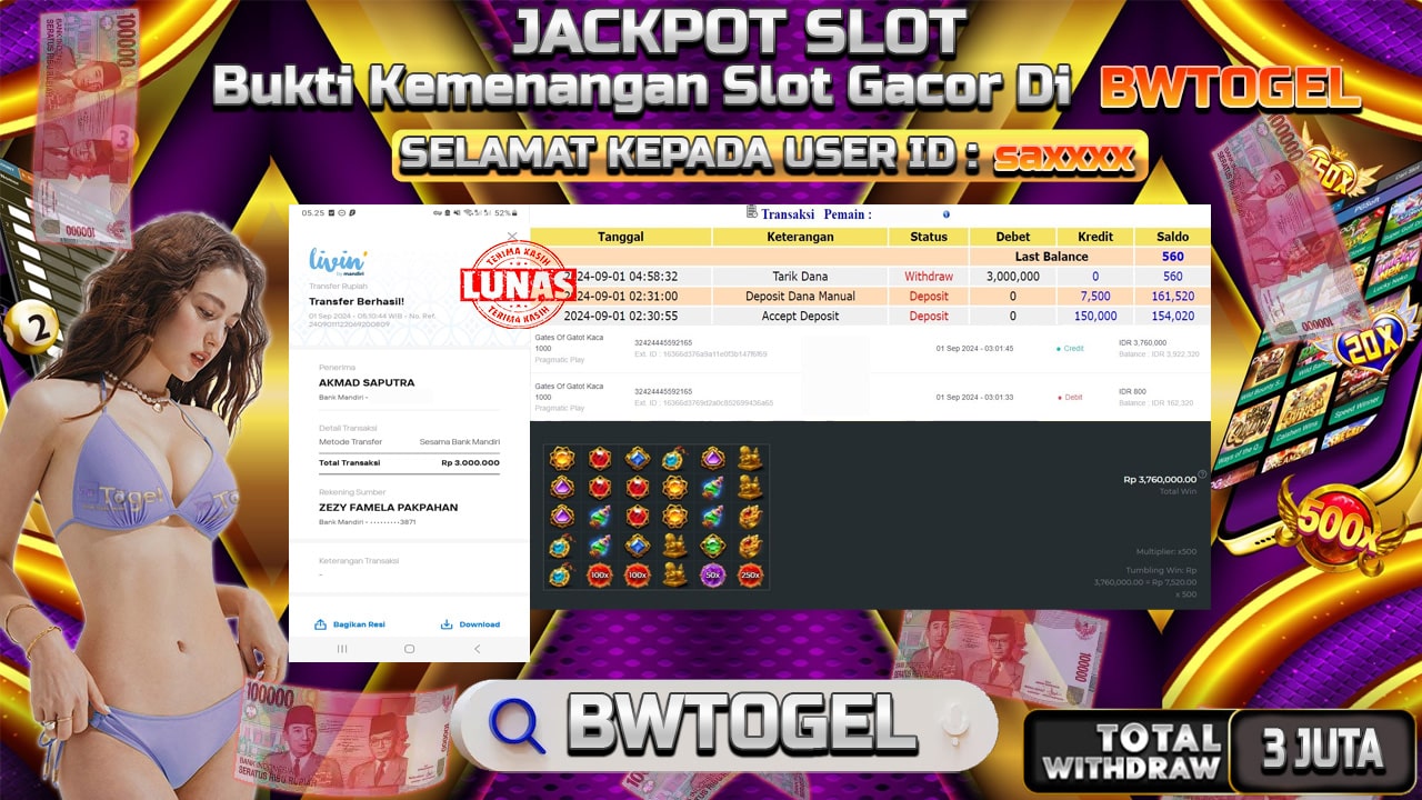 BUKTI JACKPOT SLOT GATES OF GATOT KACA 1000 TERPERCAYA DI INDONESIA TGL 01-09-2024