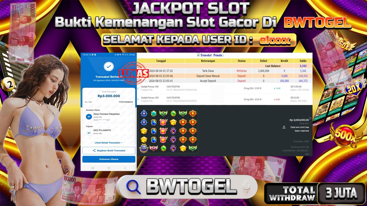 BUKTI JACKPOT SLOT STARLIGHT PRINCESS 1000 TERPERCAYA DI INDONESIA TGL 04-08-2024