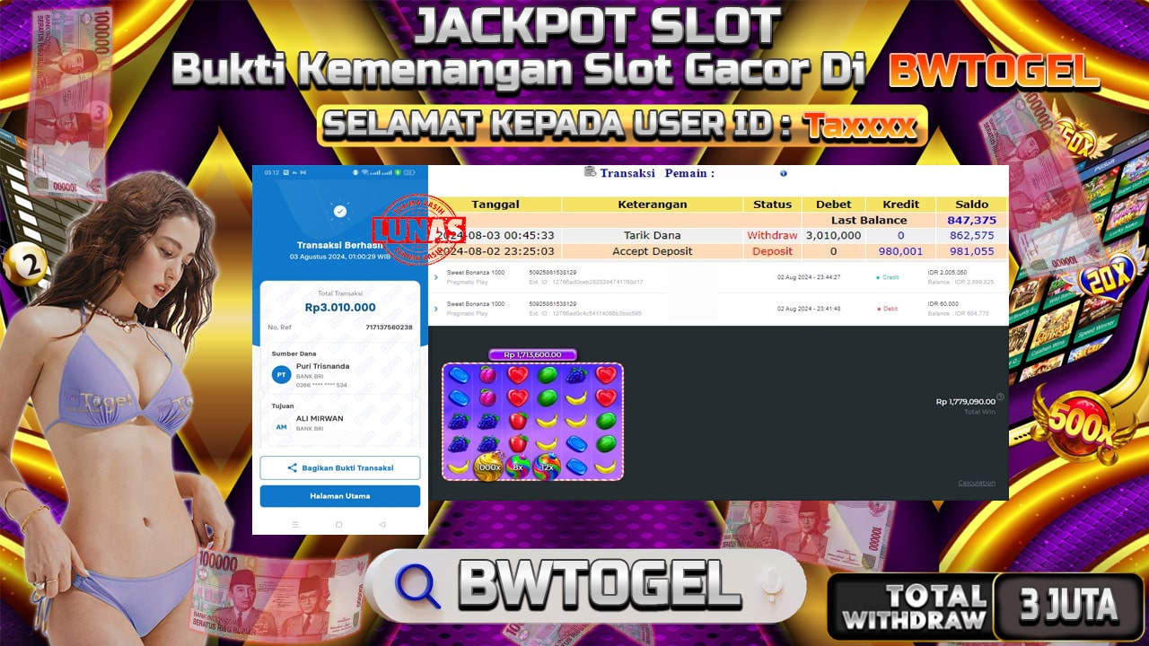 BUKTI JACKPOT SLOT SWEET BONANZA 1000 TERPERCAYA DI INDONESIA TGL 03-08-2024