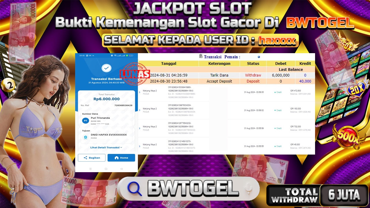 BUKTI JACKPOT SLOT MAHJONG WAYS 2 TERPERCAYA DI INDONESIA TGL 31-08-2024