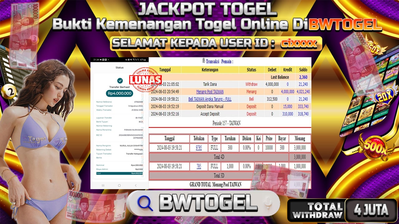 BUKTI JACKPOT TOGEL ONLINE POOL TAIWAN TERPERCAYA DI INDONESIA TGL 03-08-2024