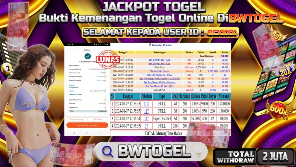 BUKTI JACKPOT TOGEL ONLINE TOTO MACAU TERPERCAYA DI INDONESIA TGL 07-08-2024