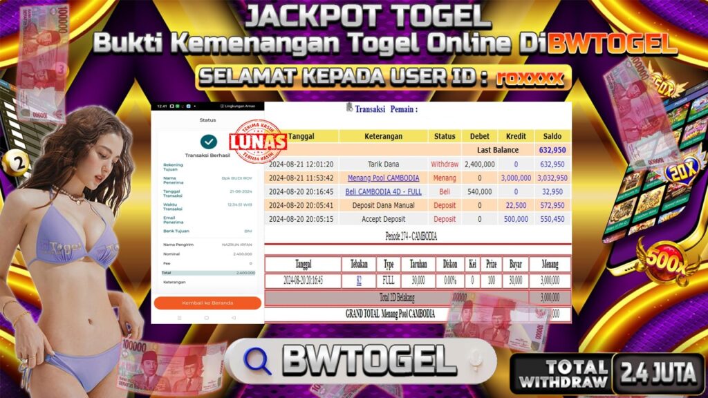 BUKTI JACKPOT TOGEL ONLINE POOL CAMBODIA TERPERCAYA DI INDONESIA TGL 21-08-2024