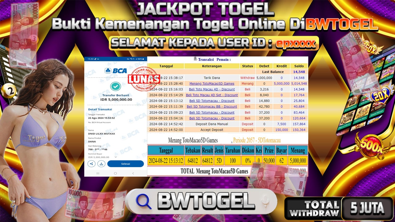 BUKTI JACKPOT TOGEL ONLINE TOTO MACAU 5D TERPERCAYA DI INDONESIA TGL 22-08-2024