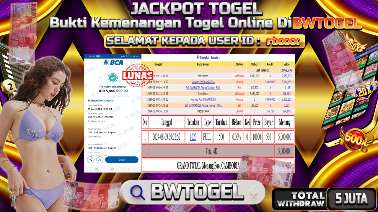 BUKTI JACKPOT TOGEL ONLINE POOL CAMBODIA TERPERCAYA DI INDONESIA TGL 09-08-2024