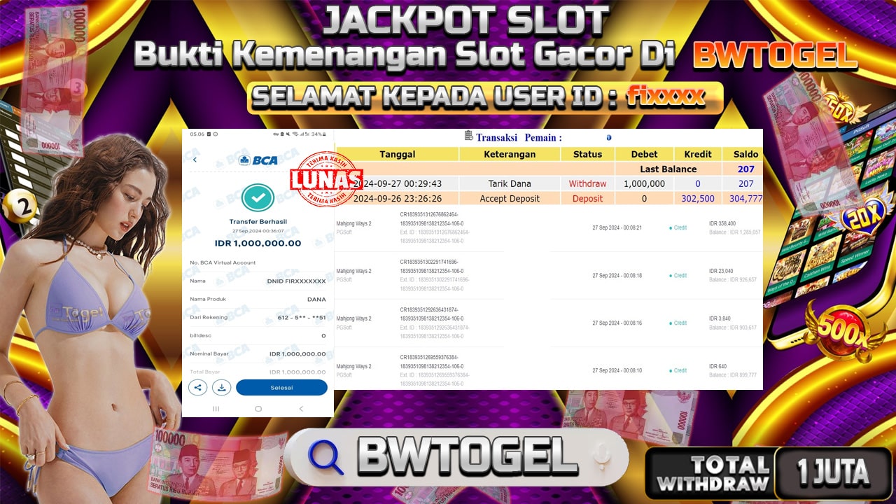 BUKTI JACKPOT SLOT MAHJONG WAYS 2 TERPERCAYA DI INDONESIA TGL 27-09-2024