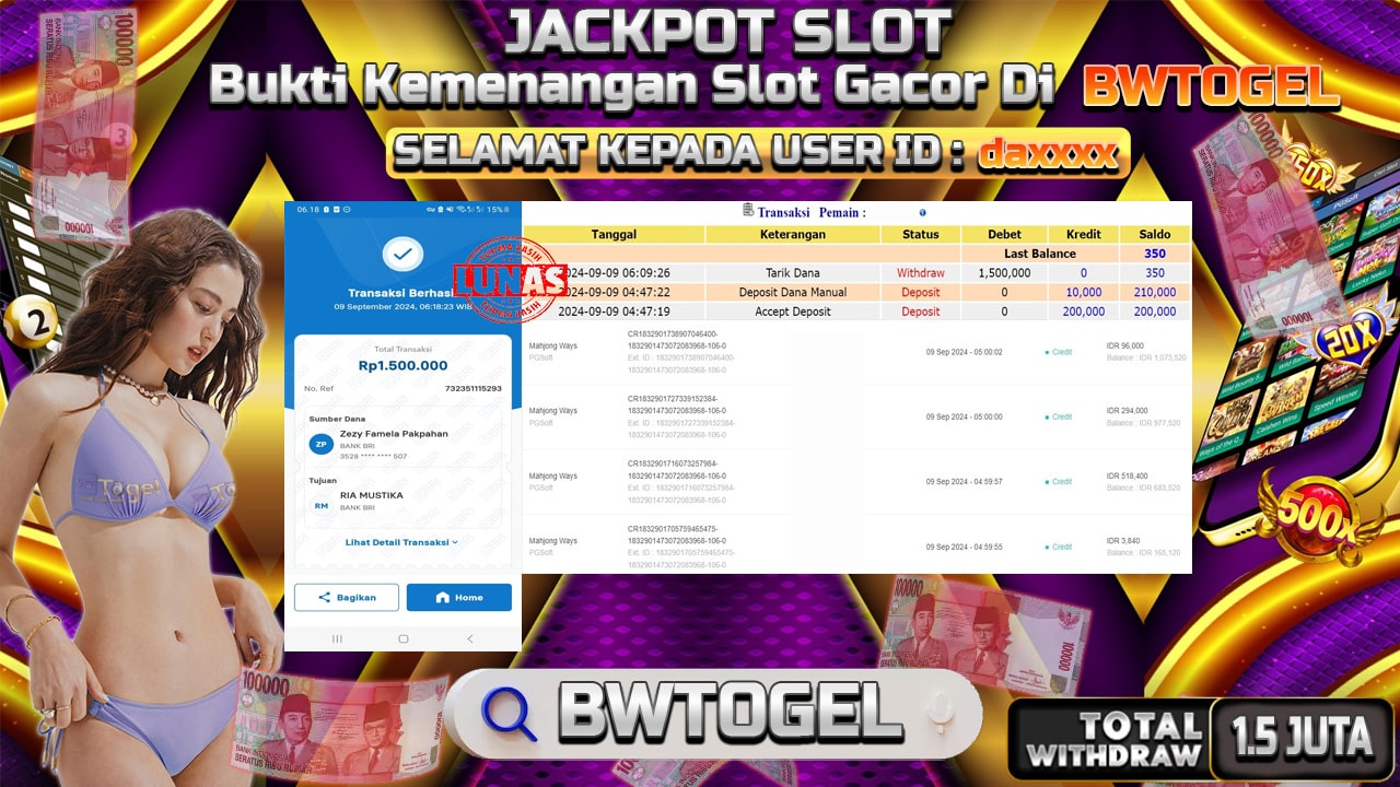 BUKTI JACKPOT SLOT MAHJONG WAYS TERPERCAYA DI INDONESIA TGL 09-09-2024