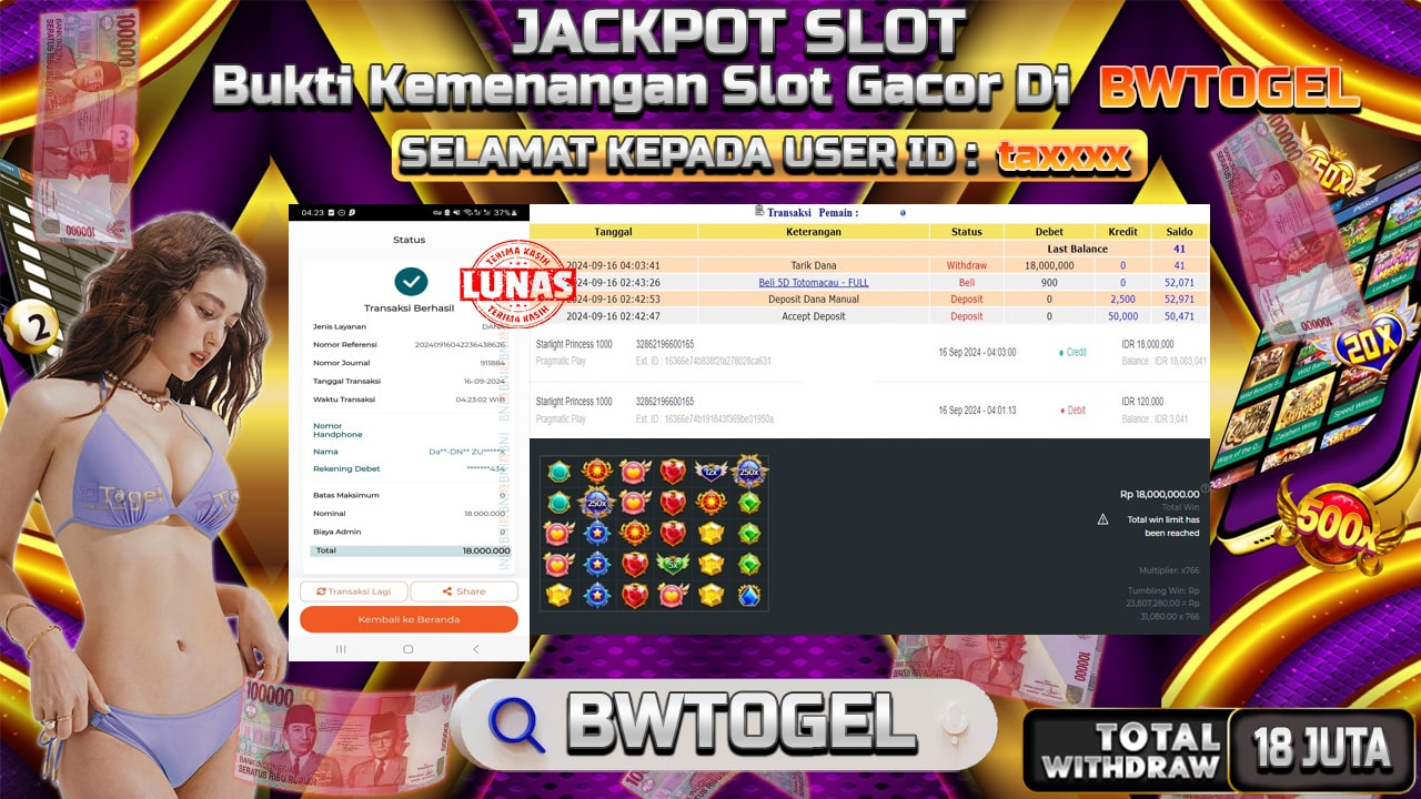 BUKTI JACKPOT SLOT STARLIGHT PRINCESS 1000 TERPERCAYA DI INDONESIA TGL 16-09-2024