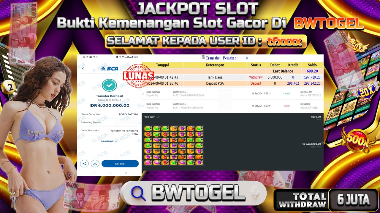 BUKTI JACKPOT SLOT SUGAR RUSH 1000 TERPERCAYA DI INDONESIA TGL 08-09-2024