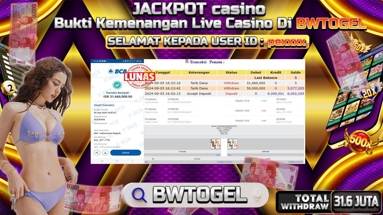 BUKTI JACKPOT CASINO PP LIVE BACCARAT A TERPERCAYA DI INDONESIA TGL 05-09-2024