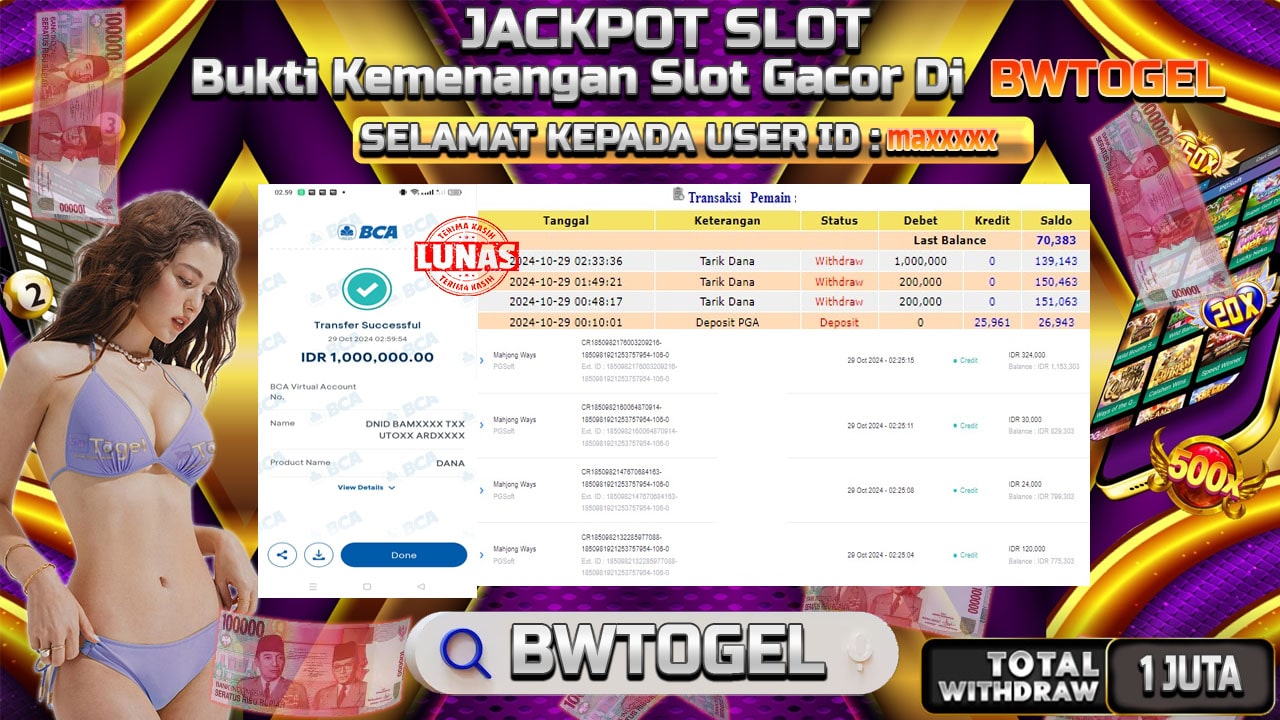 BUKTI JACKPOT SLOT MAHJONG WAYS TERPERCAYA DI INDONESIA TGL 29-10-2024