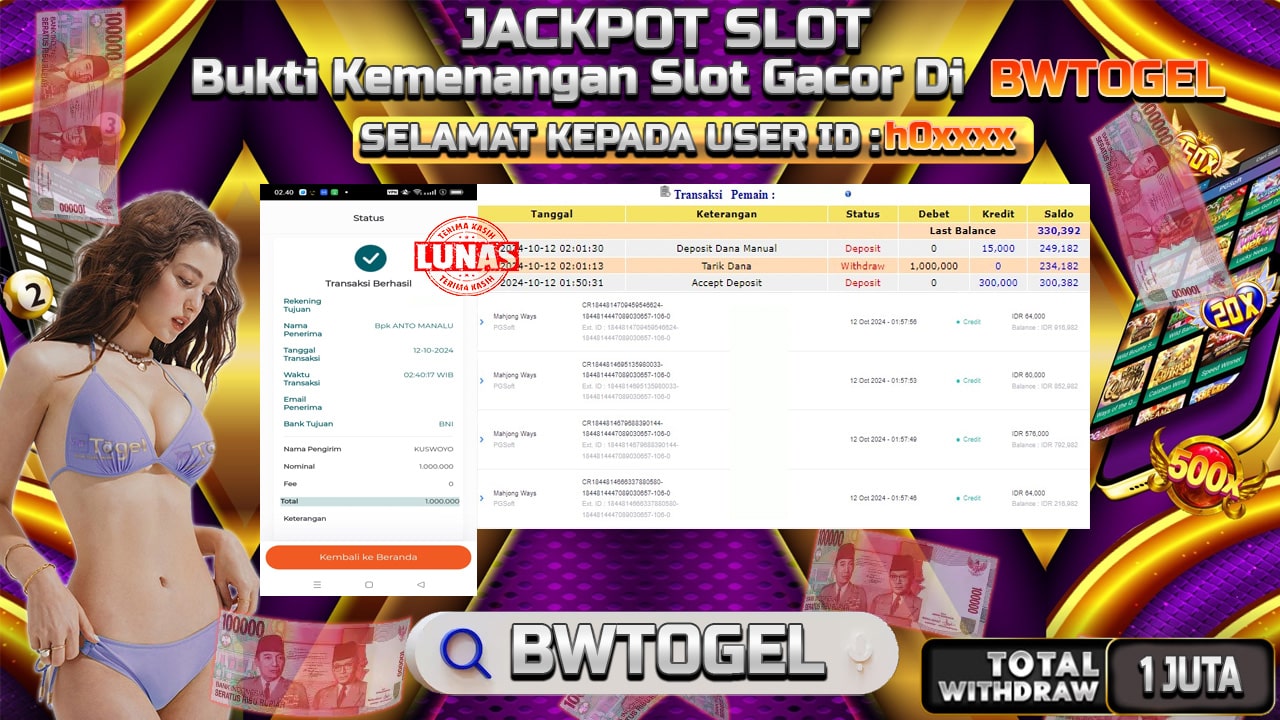 BUKTI JACKPOT SLOT MAHJONG WAYS TERPERCAYA DI INDONESIA TGL 12-10-2024