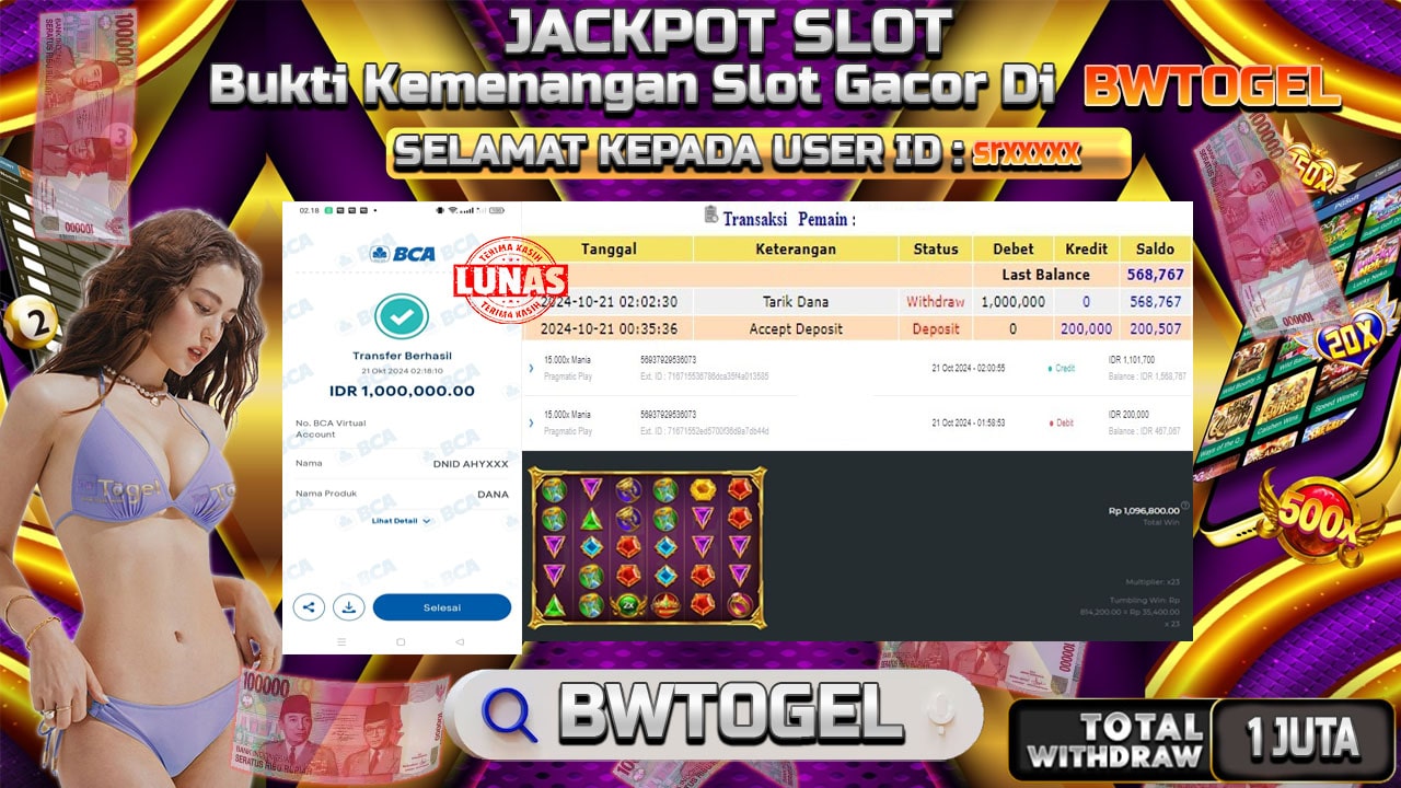 BUKTI JACKPOT SLOT 15.000X MANIA TERPERCAYA DI INDONESIA TGL 21-10-2024