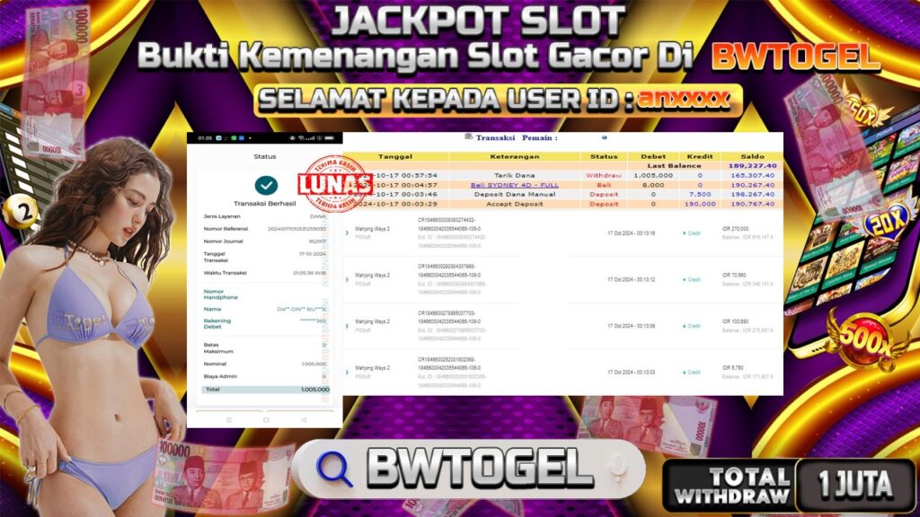 BUKTI JACKPOT SLOT MAHJONG WAYS 2 TERPERCAYA DI INDONESIA TGL 17-10-2024