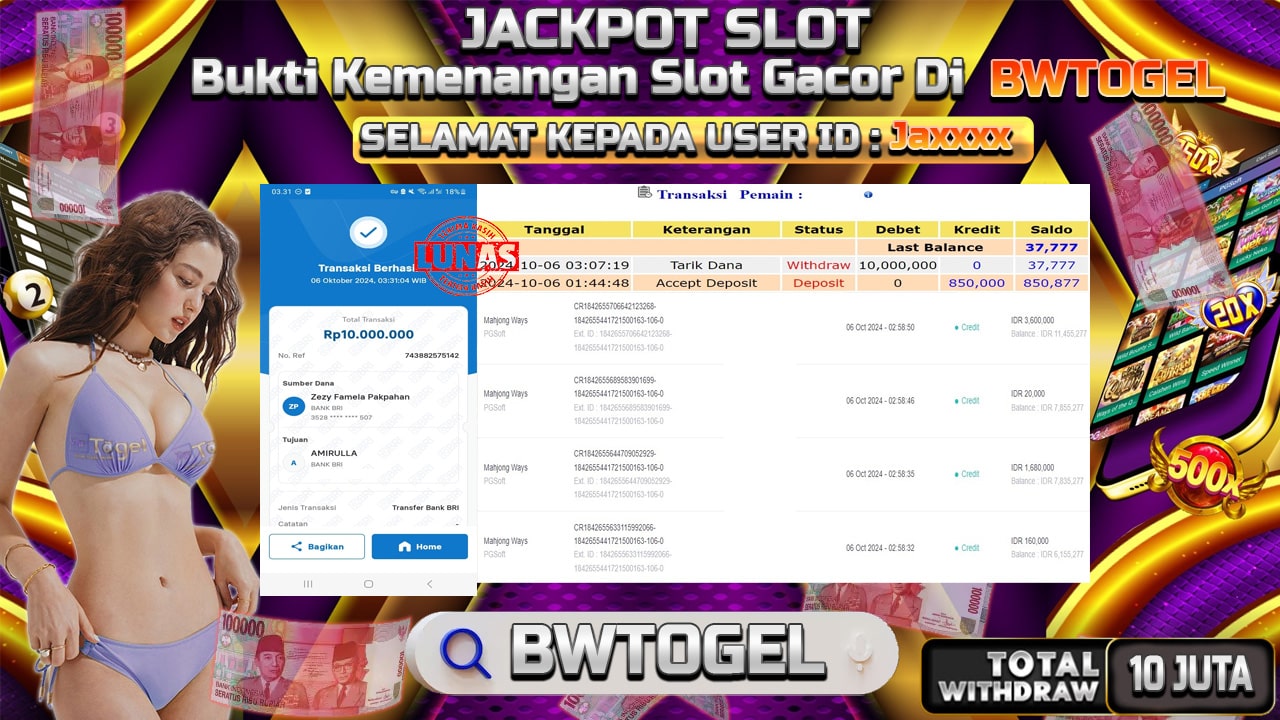 BUKTI JACKPOT SLOT MAHJONG WAYS TERPERCAYA DI INDONESIA TGL 06-10-2024