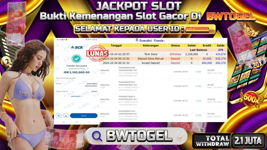 BUKTI JACKPOT SLOT MAHJONG WAYS TERPERCAYA DI INDONESIA TGL 24-10-2024