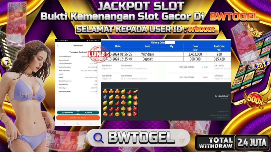 BUKTI JACKPOT SLOT RUJAK BONANZA TERPERCAYA DI INDONESIA TGL 11-10-2024